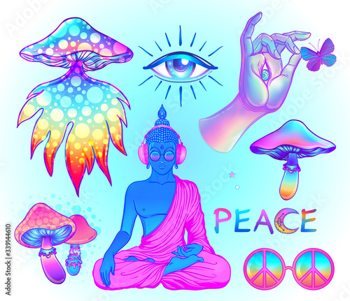 Psychedelic sticker set: trippy mushrooms, peace sign acid Buddha, butterflies, all-seeing eye mandala. Patch badges with stoned trippy drug elements in cartoon comic style. Pop art patches, pins.