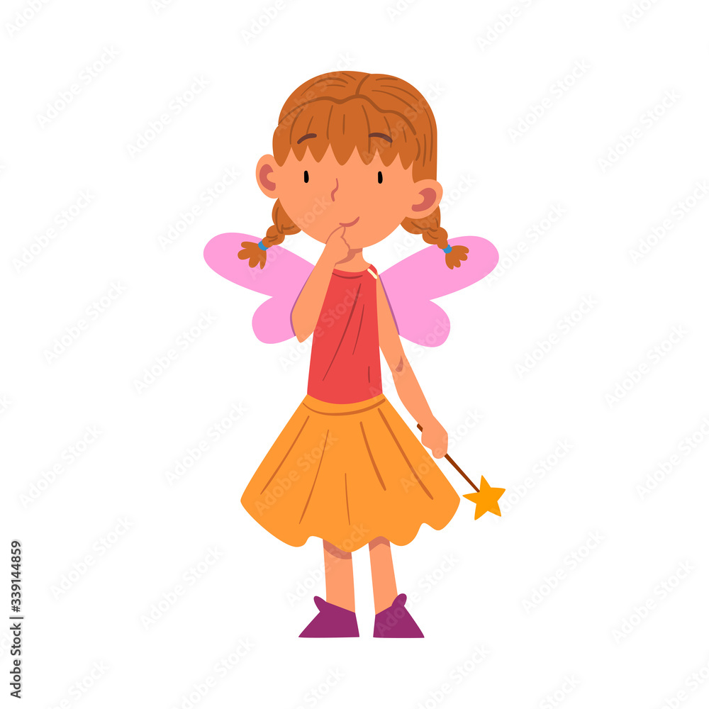 Girl Wearing Fairy Costume Standing with Magic Wand, Cute Kid Playing Dress Up Game Cartoon Vector Illustration Girl Wearing Fairy Costume Standing with Magic Wand, Cute Kid Playing Dress Up Game Cartoon Vector Illustration
