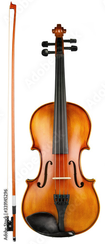 old wooden high quality retro wooden brown violin with bow music string instrument isolated white background. classical music vintage orchestra symphony concept.
