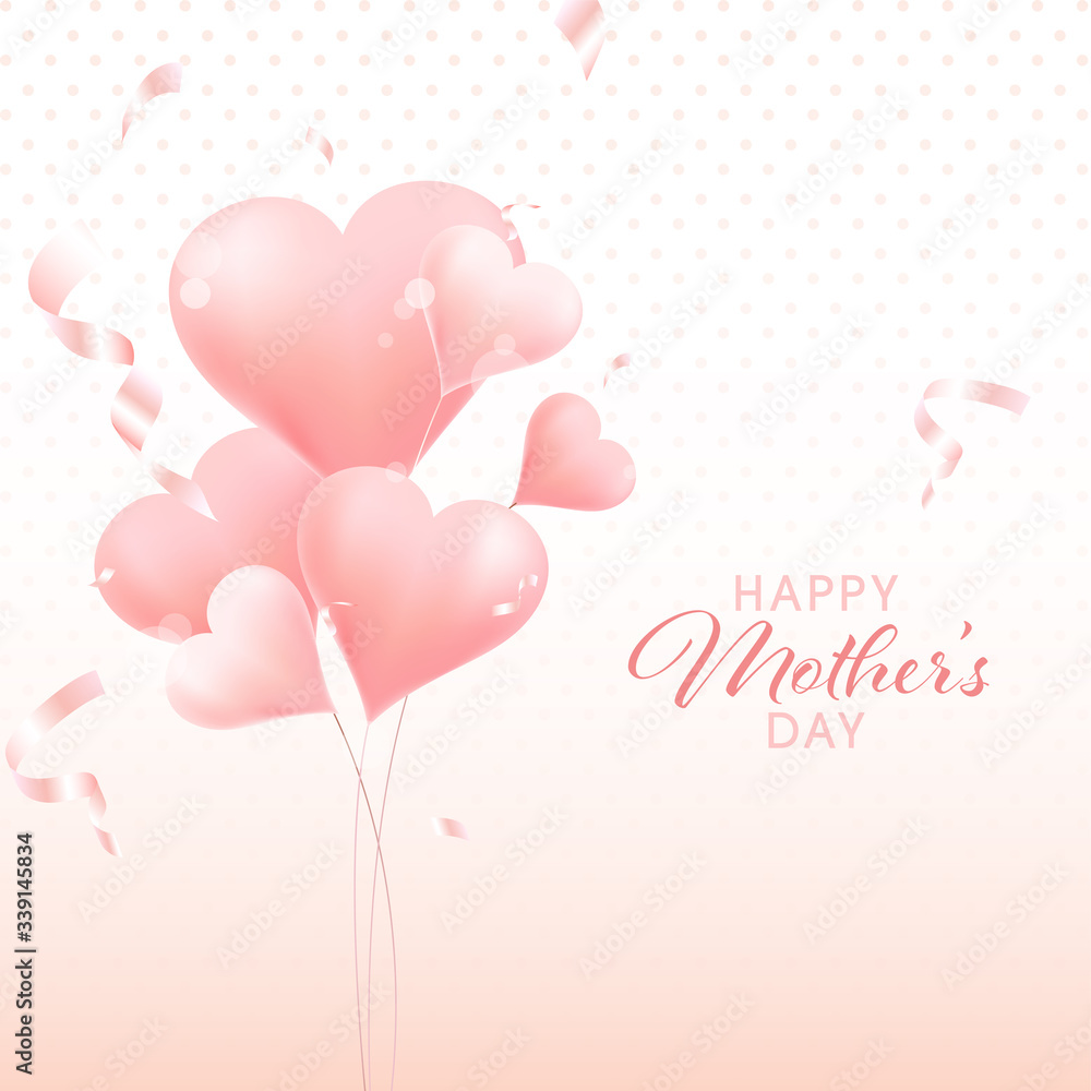 Happy Mother's Day Concept with Pink Heart Shapes Balloons on White Background.