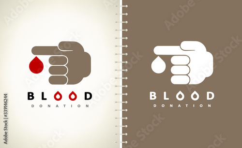 Blood donation logo. Hand and drop of blood vector.
