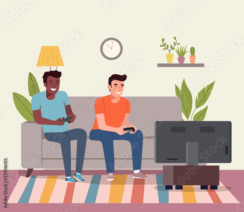 Men playing videogame on the sofa. Vector flat style illustration