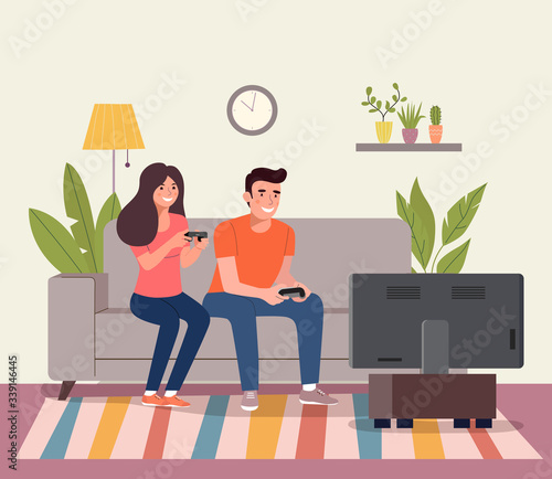 Young woman and man playing videogame on the sofa. Vector flat style illustration