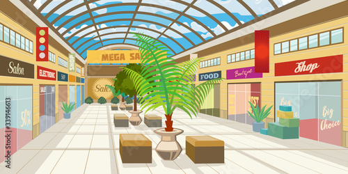 Shopping mall corridor with panoramic roof. Modern boutiques in mall with plants and benches. Shopping center concept. Illustration can be used for topics like consumerism, retail, precinct
