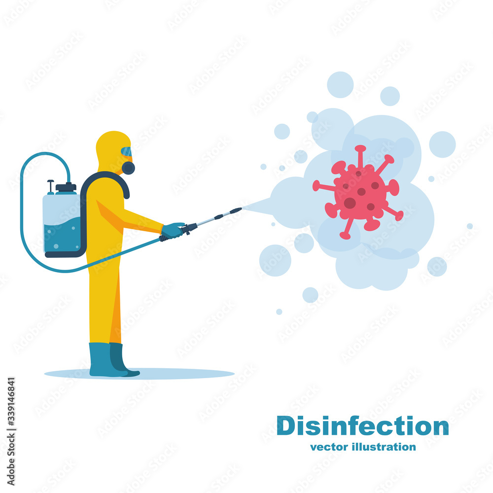 Disinfection concept. Worker in chemical hazmat suit protection and equipment. Coronavirus covid-19. Spraying antibacterial. Biological precaution. Vector flat design. Isolated on white background.