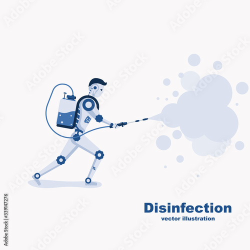 Robot with spray bottle disinfects. Technologies human security. Ai saves humanity. Coronavirus covid-19. Spraying antibacterial concept. Futuristic assistant in the fight against the epidemic.