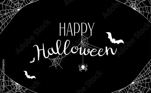 Bat and spider silhuette with white spiderweb on black background. Happy Halloween lettering text for greeting card. Vector illustration