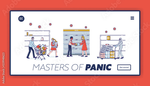 Coronavirus Panic Shopping Concept. Website Landing Page. People Buying Lots Of Food, Fighting Because Of Food Supply Deficit At Supermarket. Web Page Cartoon Linear Outline Flat Vector Illustration