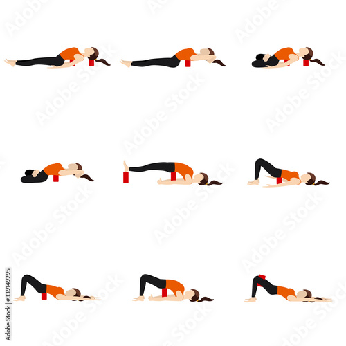 Lying asanas set with blocks/ Stylized woman practicing supported bridge and fish pose modifications with props