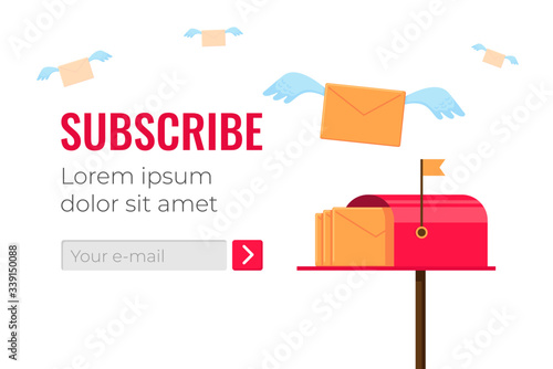 Design template for email subscribe. Red mailbox with flying letter envelopes and website or app newsletter subscription form. Vector flat illustration