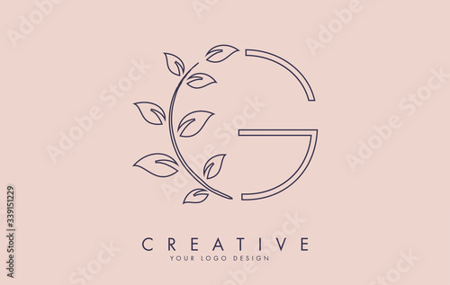 Outline Leaf Letter G Logo Design with Leaves on a Branch and Pink Background. Letter G with nature concept.