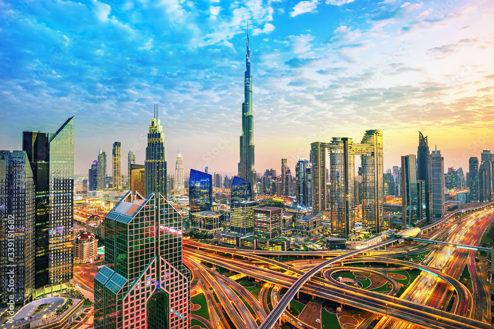 Dubai city amazing skyline, city center top view, United Arab Emirates
