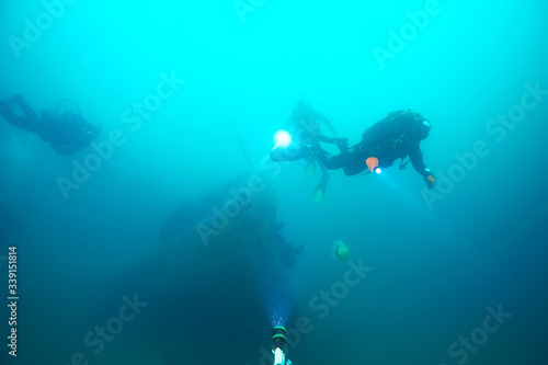 shipwreck diving landscape under water, old ship at the bottom, treasure hunt