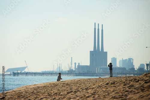 Obraz na płótnie Barceloneta beach at sunrise in Barcelona, Spain w salonie