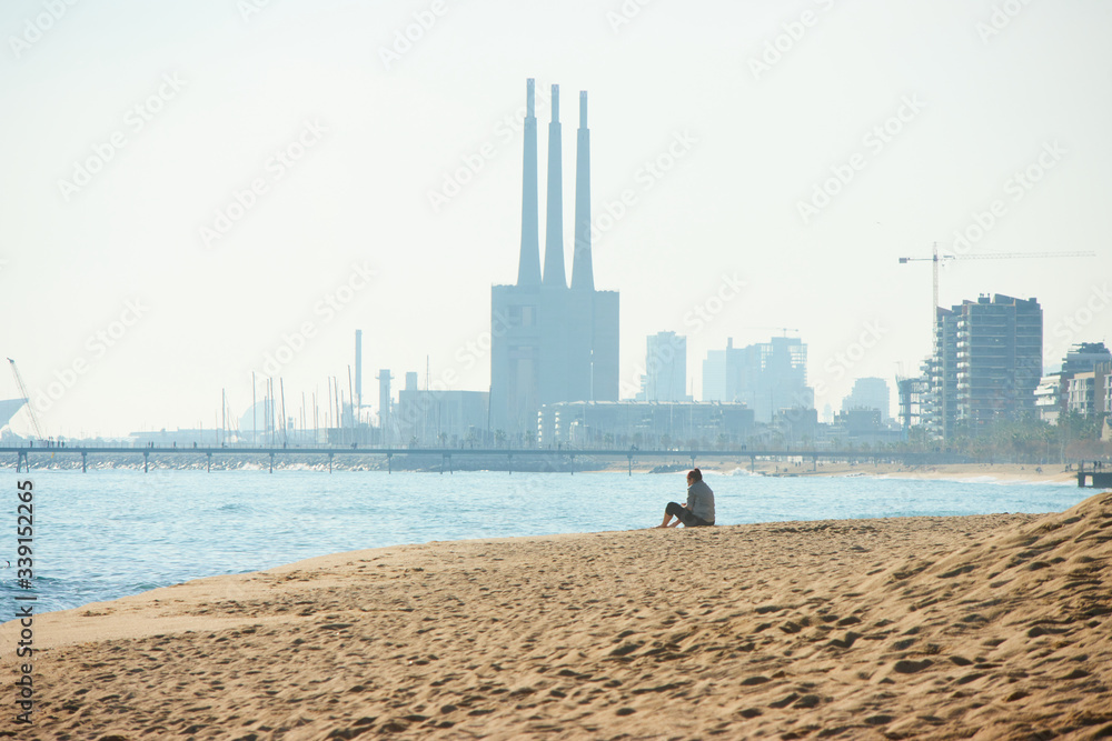 Barceloneta beach at sunrise in Barcelona, Spain