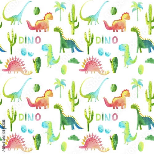 Watercolor childish seamless pattern with dinosaurs and plants.
