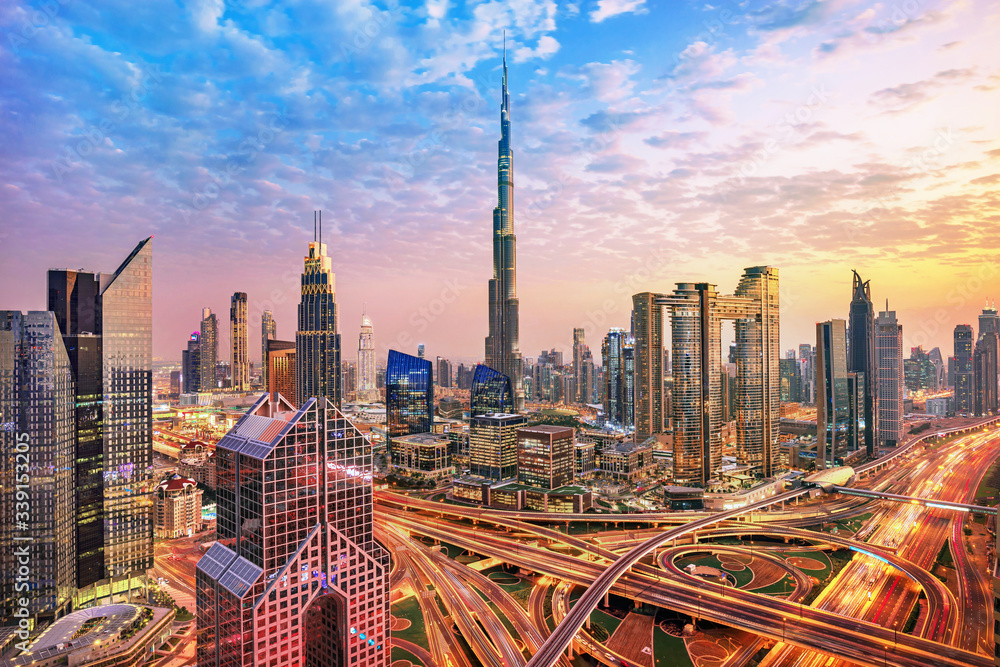 Obraz premium Dubai city amazing skyline, city center top view, United Arab Emirates 