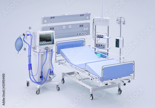 Medical ventilator intensive care unit for covid-19 coronavirus patients. Artificial lung ventilation, pneumonia caused by corona virus covid 19 pandemic. Hospital ward room ICU ventilator 3D concept photo