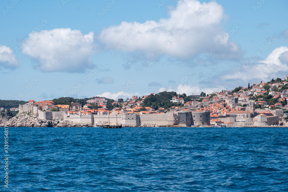 Views from the sea of the city of Dubrovnik in Croatia, Europe. Beautiful view of the Dalmatian coast from the Adriatic Sea.