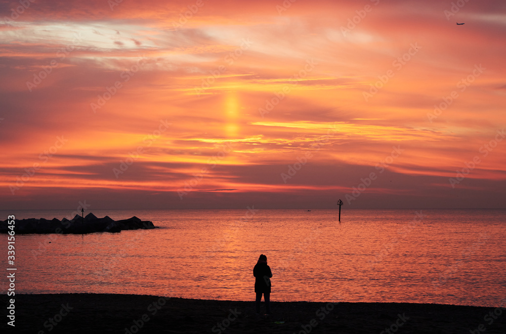 Barceloneta beach at sunrise in Barcelona, Spain