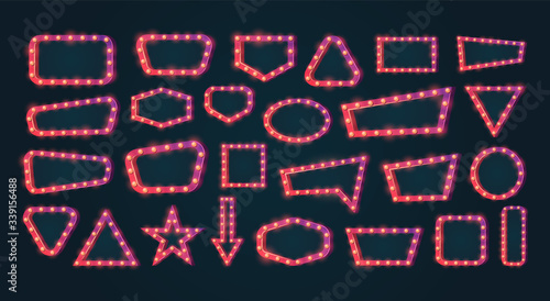 Light frame, Vector illustration with a set of bright light bulbs and light. Retro and casino signboard, mirror for makeup. 3d objects for your design or lettering.