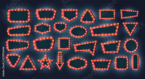 Light frame, Vector illustration with a set of bright light bulbs and light. Retro and casino signboard, mirror for makeup. 3d objects for your design or lettering.