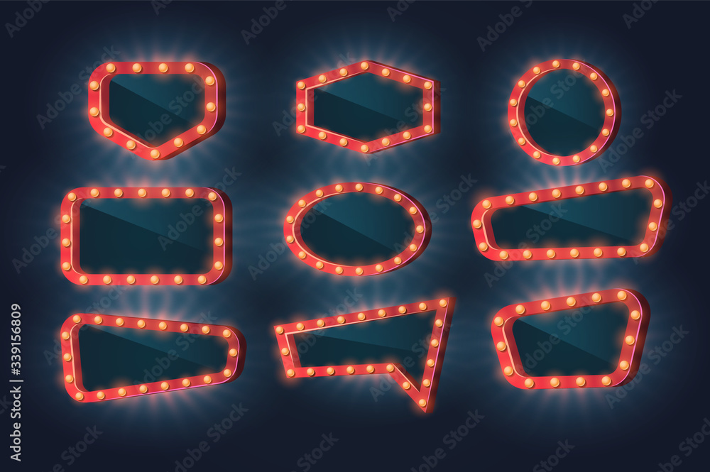 Light frame, Vector illustration with a set of bright light bulbs and light. Retro and casino signboard, mirror for makeup. 3d objects for your design or lettering.