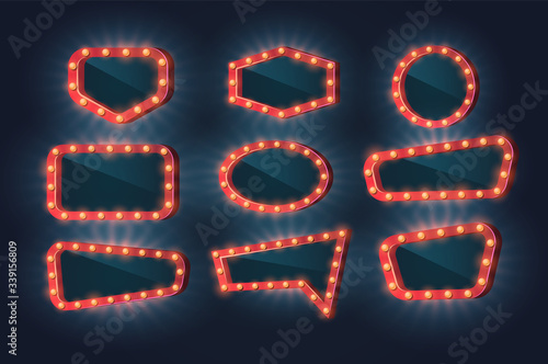 Light frame, Vector illustration with a set of bright light bulbs and light. Retro and casino signboard, mirror for makeup. 3d objects for your design or lettering.
