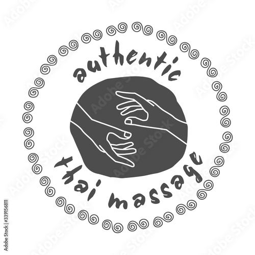 Authentic Thai massage. Logo thai massage with hands. Stamp Thai massage in gray for your design. Stock vector. Flat design. EPS10.