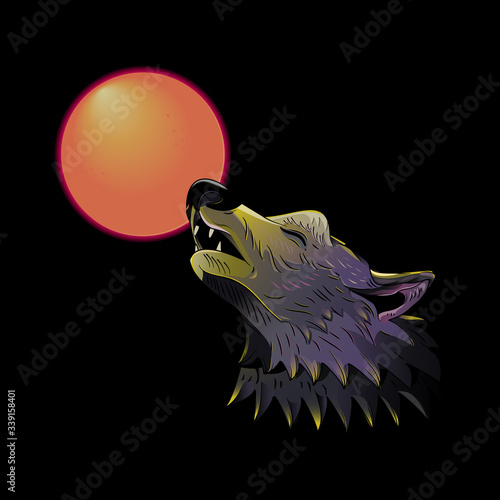 Wolf head howling on the moon