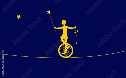 magic acrobat, Peter Pan silhouette, boy on uniwheel on the rope with stars, circus on the heavens,