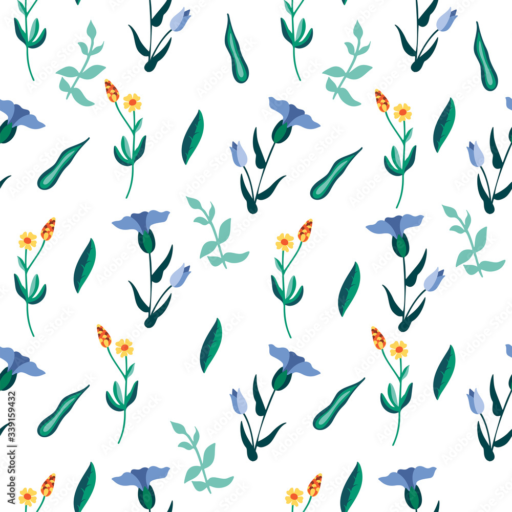 Fototapeta premium Seamless pattern with wild flowers and leaves. Flat beautiful background. Fashion print. Vector stock illustration