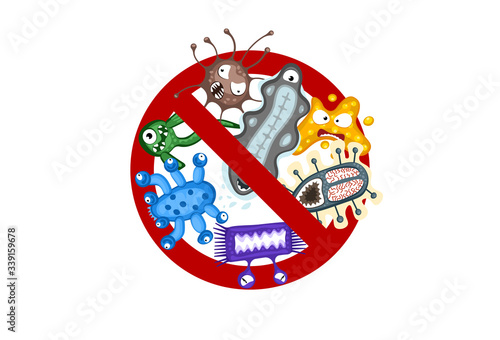 Stop spread virus sign. Cartoon germ characters isolated vector eps illustration on white background. Cute fly bacteria infection character. Microbe viruses and diseases protection