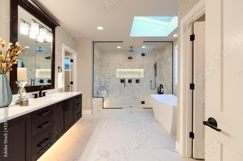 Luxury modern home bathroom interior with dark brown cabinets, white marble, walk in shower, free standing tub.