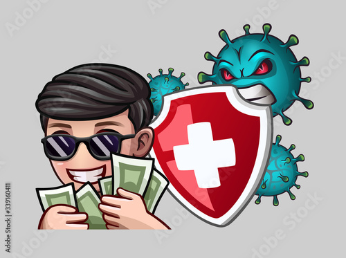 Shield protects man with money from virus. Vector illustration