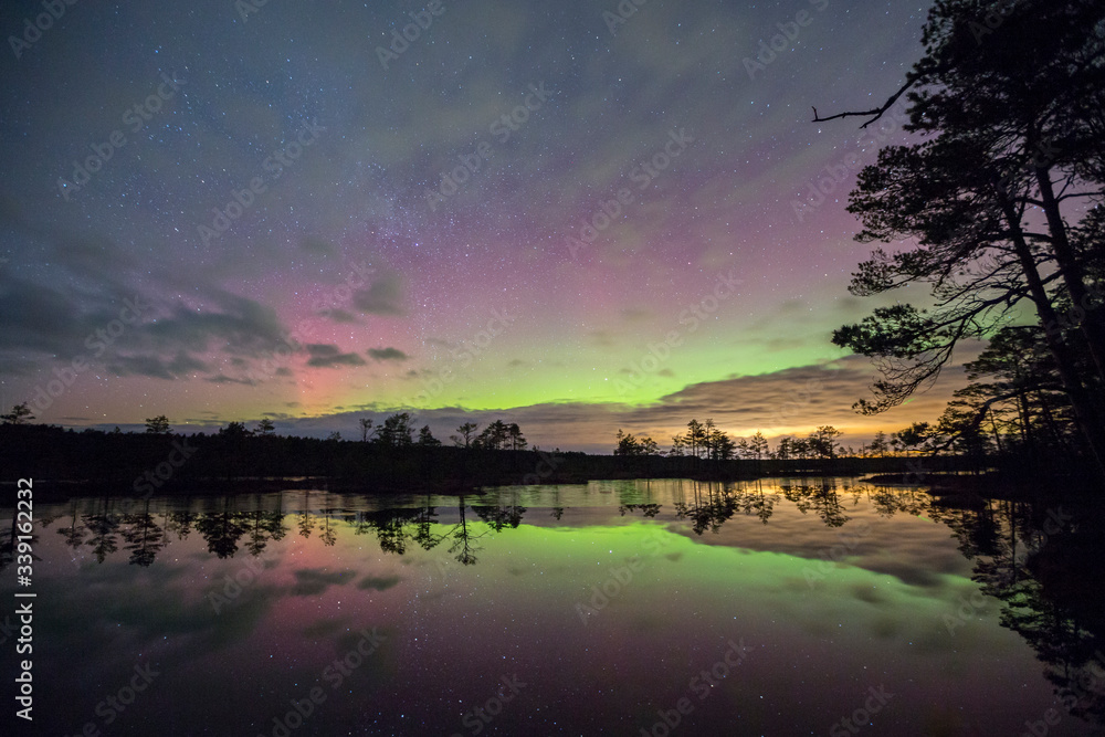 Peat bog lake with the night time Aurora Borealis  glow and starts, reflecting in the water