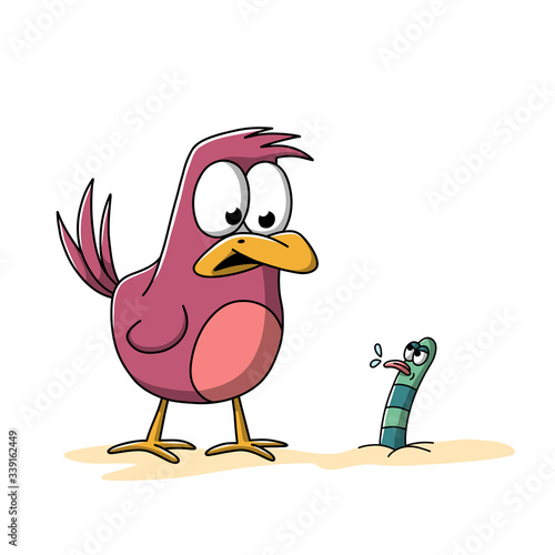 A worm sticks out the tongue of a bird. Hand drawn vector illustration with separate layers.