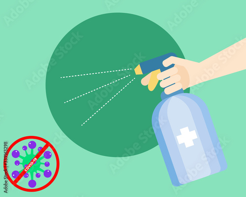Covid-19 crisis concept: There is spray alcohol for protect and kill virus. Cartoon vector style for your design.