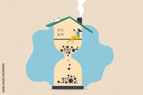 Coronavirus outbreak stay at home time count down, people stay home wait until vaccine discover or all virus gone concept, young woman stay at home on sandglass time count down with virus pathogen.