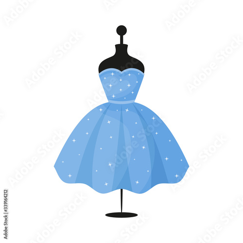 Voluminous blue beautiful dress on a mannequin. The symbol can be used as an icon, logo, or design element. Vector illustration.