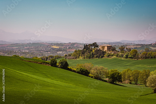 Obraz na płótnie Panorama of the rolling green countryside hills of Passo Ripe, near Senigallia, Le Marche, Italy with the mountains in the distance w salonie