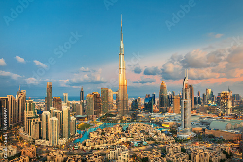 Dubai city amazing skyline, city center top view, United Arab Emirates 