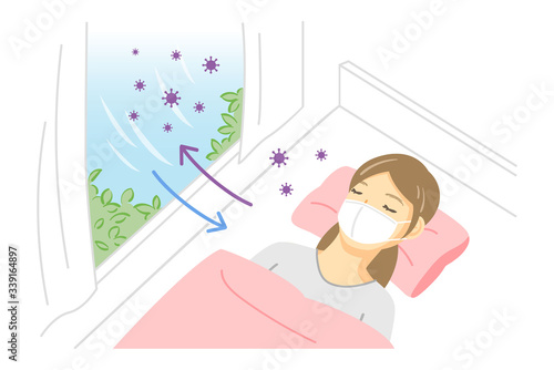 窓の換気をして眠る女性（ウイルス対策）