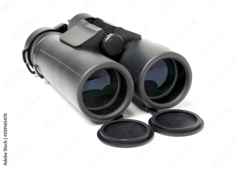 Black binoculars on white background Black binoculars on white background