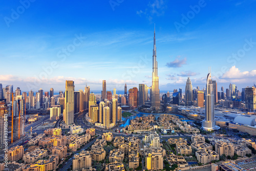 Dubai city amazing skyline, city center top view, United Arab Emirates 