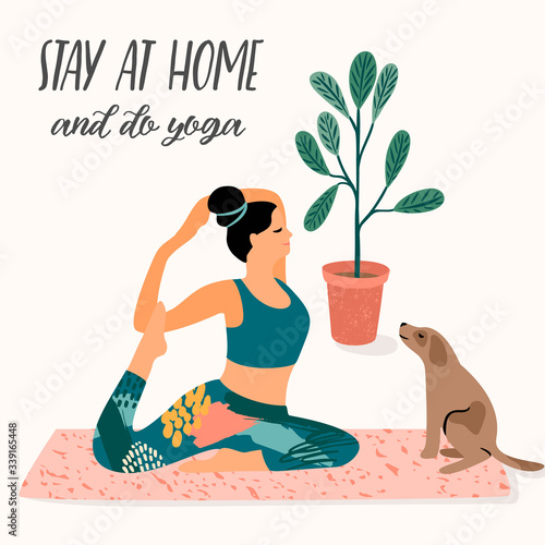 Stay at home. Young woman does yoga. Vector illustration.