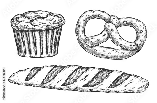 Sketch of kringle and baguette, cake with raisins