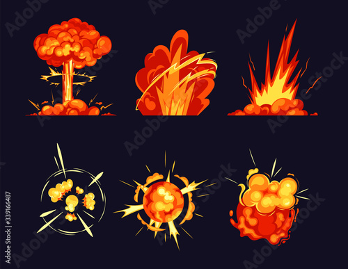 Explosion bursts, fire flame bangs and booms icons