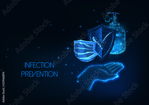 Futuristic coronavirus infection protection concept with glowing hand, mask, sanitizer and shield photo