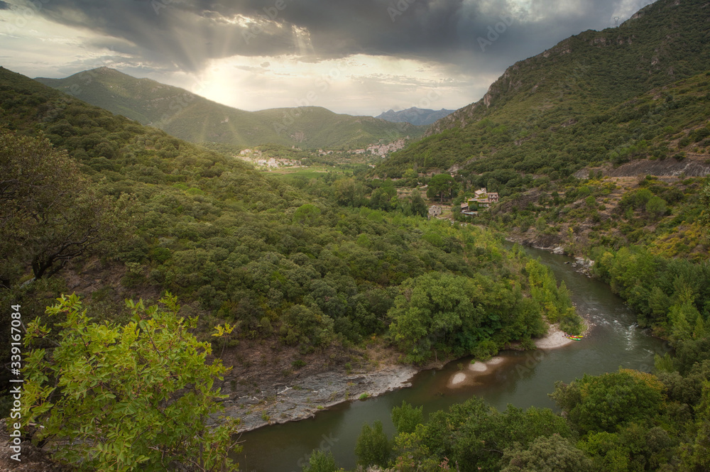 Roquebrun Languedoc France. River Orb. Sunset Roquebrun Languedoc France. River Orb. Sunset